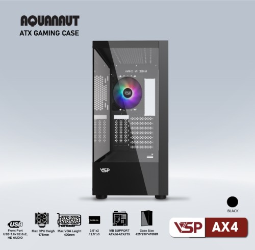 Case gaming Aquanaut AX4 2 mặt kính - Đen