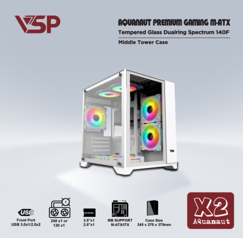 Vỏ Case VSP Aquanaut pro gaming M-ATX X2 (trắng) - hàng chính hãng