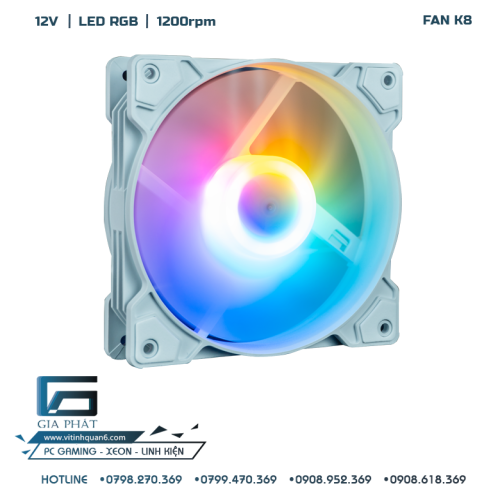 Fan case PC K8 LED RGB (12cm) Nguồn trực tiếp - Molex 4 pin Trắng/Hồng/Đen