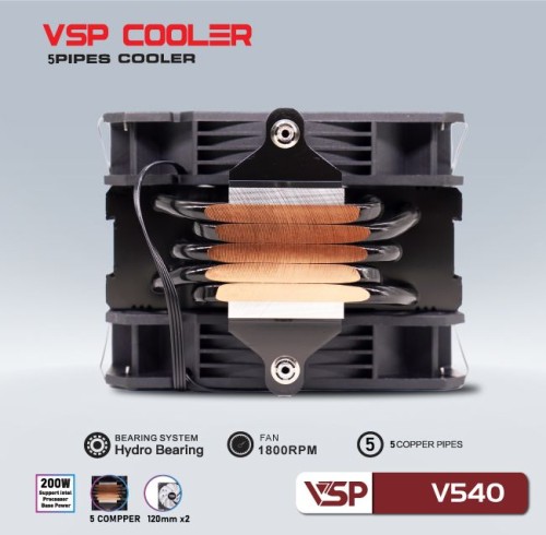 Tản nhiệt CPU VSP COOLER V540 5 ống đồng 2 fan (LGA 115X / 1200 / 1366/ 1700 AM2 / AM3 / AM4 / AM5)