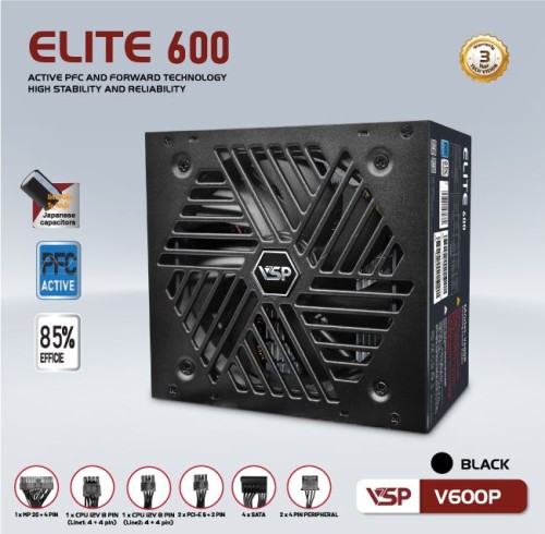 Nguồn máy tính VSP Elite Active PFC V600P - Đen (600W Công suất thực)