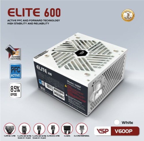 Nguồn máy tính VSP Elite Active PFC V600P - trắng (600W Công suất thực)