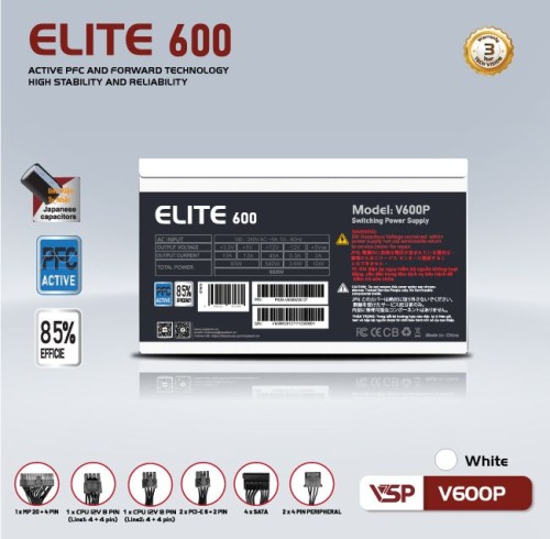 Nguồn máy tính VSP Elite Active PFC V600P - trắng (600W Công suất thực)