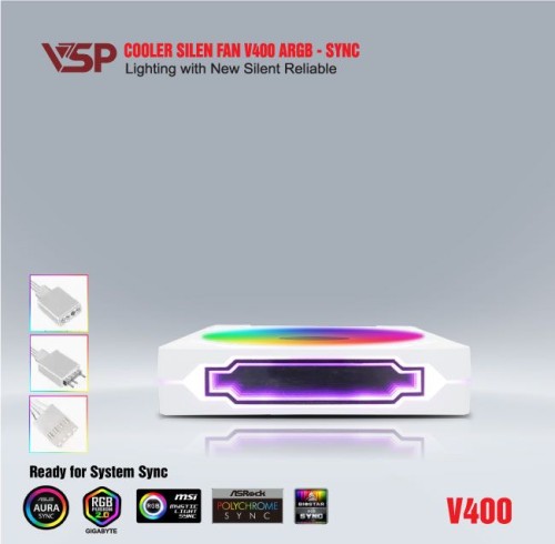 Fan case PC VSP V400 LED RGB Trắng (12cm) Sync RGB Aura, Sync main, chân fan điều tốc