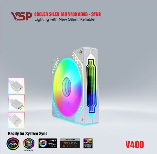 Fan case PC VSP V400 LED RGB Trắng (12cm) Sync RGB Aura, Sync main, chân fan điều tốc