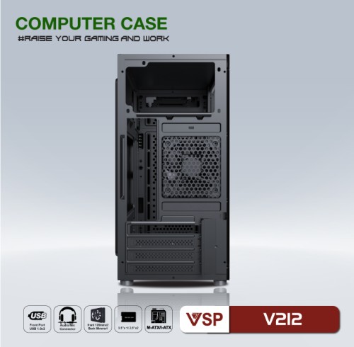 Case văn phòng - gaming VSP V212 (đen) BAO GỒM 2 FAN PHÍA TRƯỚC