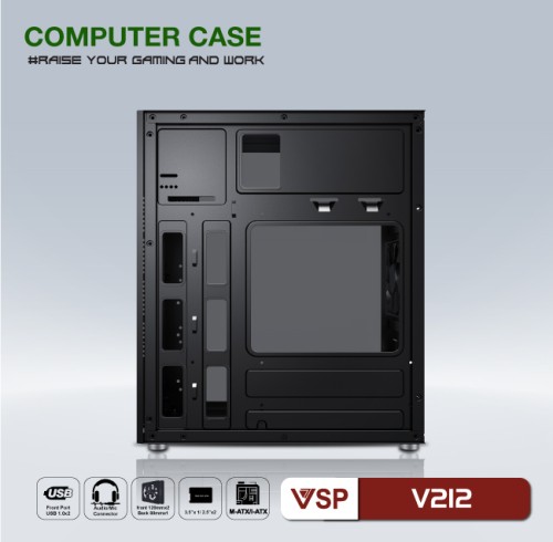 Case văn phòng - gaming VSP V212 (đen) BAO GỒM 2 FAN PHÍA TRƯỚC