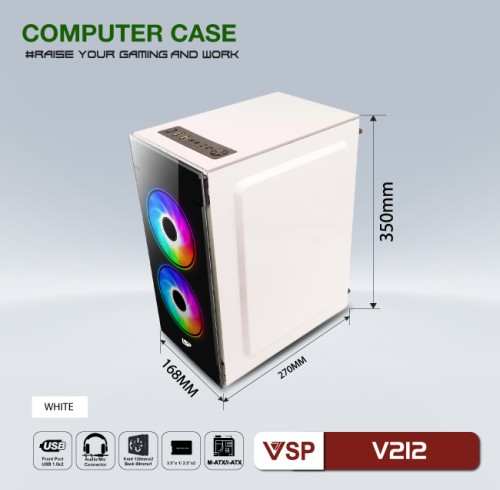 Case văn phòng - gaming VSP V212 (trắng) BAO GỒM 2 FAN PHÍA TRƯỚC