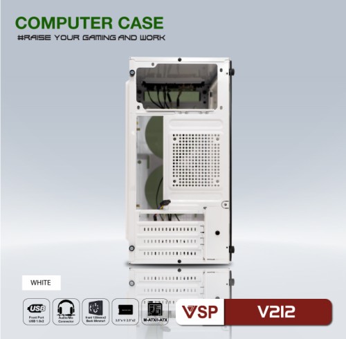 Case văn phòng - gaming VSP V212 (trắng) BAO GỒM 2 FAN PHÍA TRƯỚC