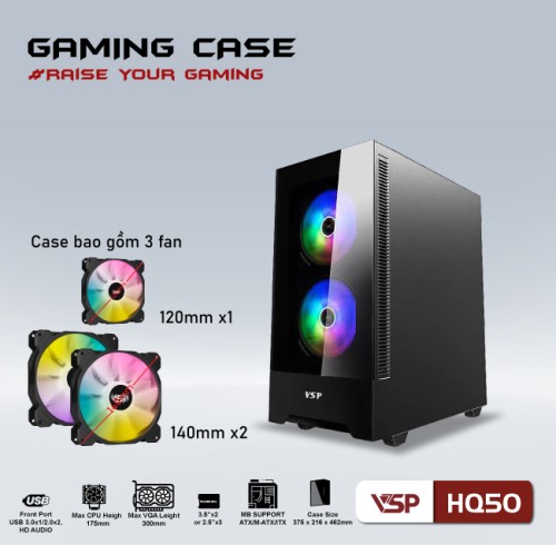 Case Gaming VSP HQ50 + 3 FAN LED đi kèm siêu ngầu ( màu đen)