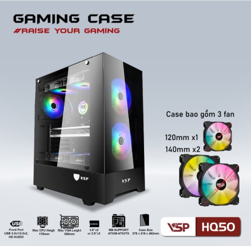 Case Gaming VSP HQ50 + 3 FAN LED đi kèm siêu ngầu ( màu đen)