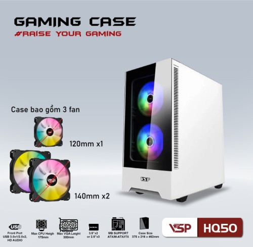 Case Gaming VSP HQ50 + 3 FAN LED đi kèm siêu ngầu ( màu trắng)