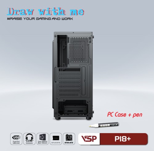 Case máy tính gaming VSP P18+ kèm bút vẽ dạ quang (ATX) Black
