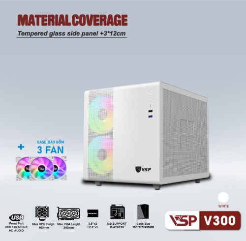 Case VSP V300 Kèm 3 Fan LED (mATX, Trắng)