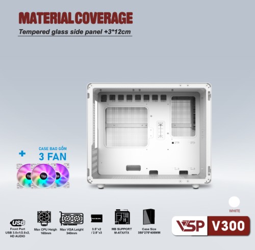 Case VSP V300 Kèm 3 Fan LED (mATX, Trắng)