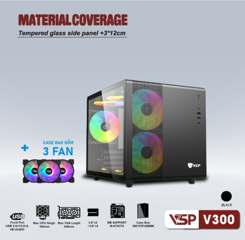 Case VSP V300 Kèm 3 Fan LED (mATX, Đen)