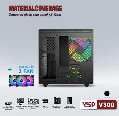 Case VSP V300 Kèm 3 Fan LED (mATX, Đen)