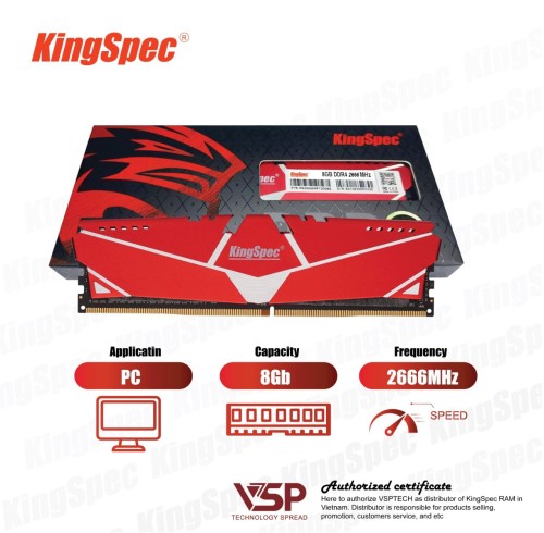 Ram Desktop Kingspec DDR4 8GB 2666 Tản thép đỏ - Hàng chính hãng